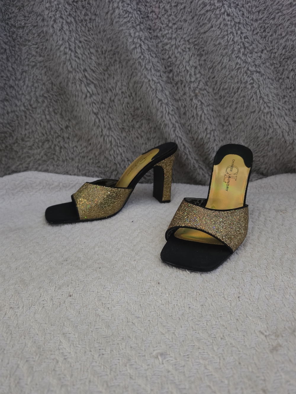 Chinese Laundry "Joyfull" Gold Hologram Shimmer Mules